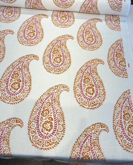 Madira Papaya Linen Cotton Blend Fabric - Papaya Paisley, Ivory Orange Pink, 54" Width (1 Yard)