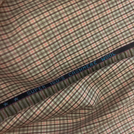 Olive With Pink Check Super 160S Wool/Cashmere Fabric - Check Pattern, Olive/Pink, 58/60" Width