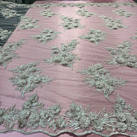 Beaded 3D Floral Lace Fabric Lt. Blush with Silver 54"