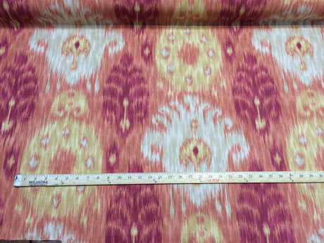 Home Accent Vibrant Ikat Red Multipurpose Cotton Fabric - Red Ikat Pattern, Off-White Background, By The Yard (1 Yard)