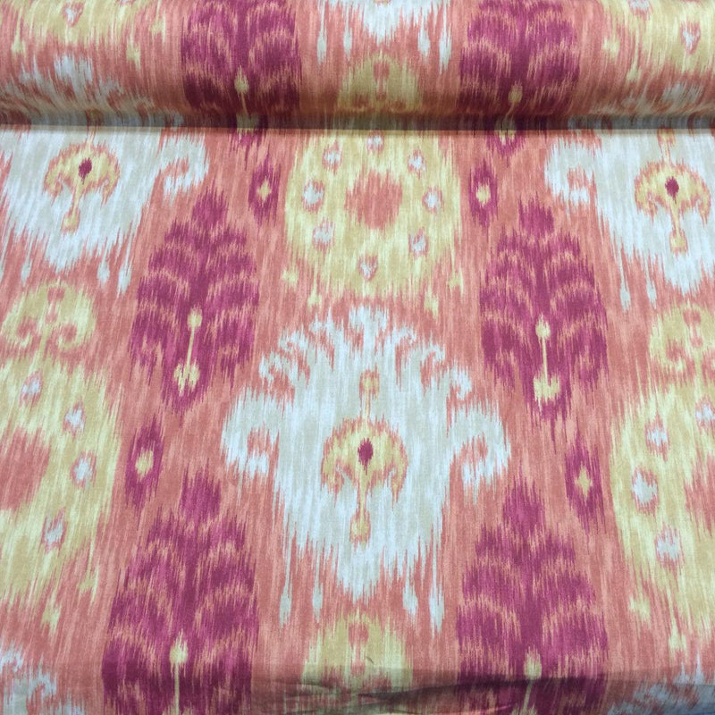 Home Accent Vibrant Ikat Red Multipurpose Cotton Fabric - Red Ikat Pattern, Off-White Background, By The Yard (1 Yard)