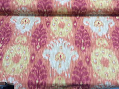 Home Accent Vibrant Ikat Red Multipurpose Cotton Fabric - Red Ikat Pattern, Off-White Background, By The Yard (1 Yard)
