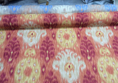 Home Accent Vibrant Ikat Red Multipurpose Cotton Fabric - Red Ikat Pattern, Off-White Background, By The Yard (1 Yard)