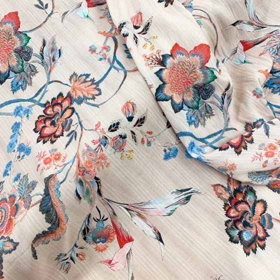 Cream Floral Rayon Fabric - Cream Floral Print, 58/60" Width
