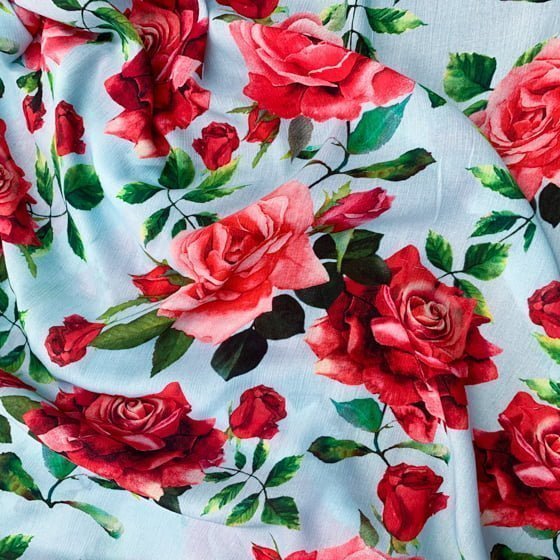 Light Blue Pink Floral Rayon Fabric - Light Blue Pink Floral, 58/60" Width