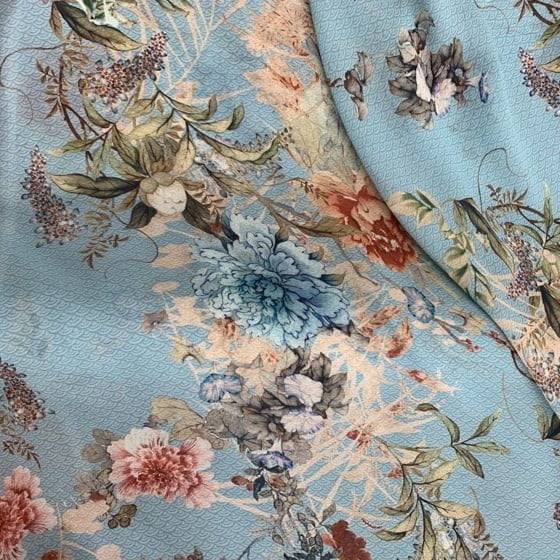 Light Blue Floral Rayon Fabric - Light Blue Floral, 58/60" Width (1 Yard)