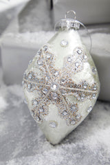 Glitter Ball Finial Snowflake Ornament 4 Inch Elegant White Christmas Decor