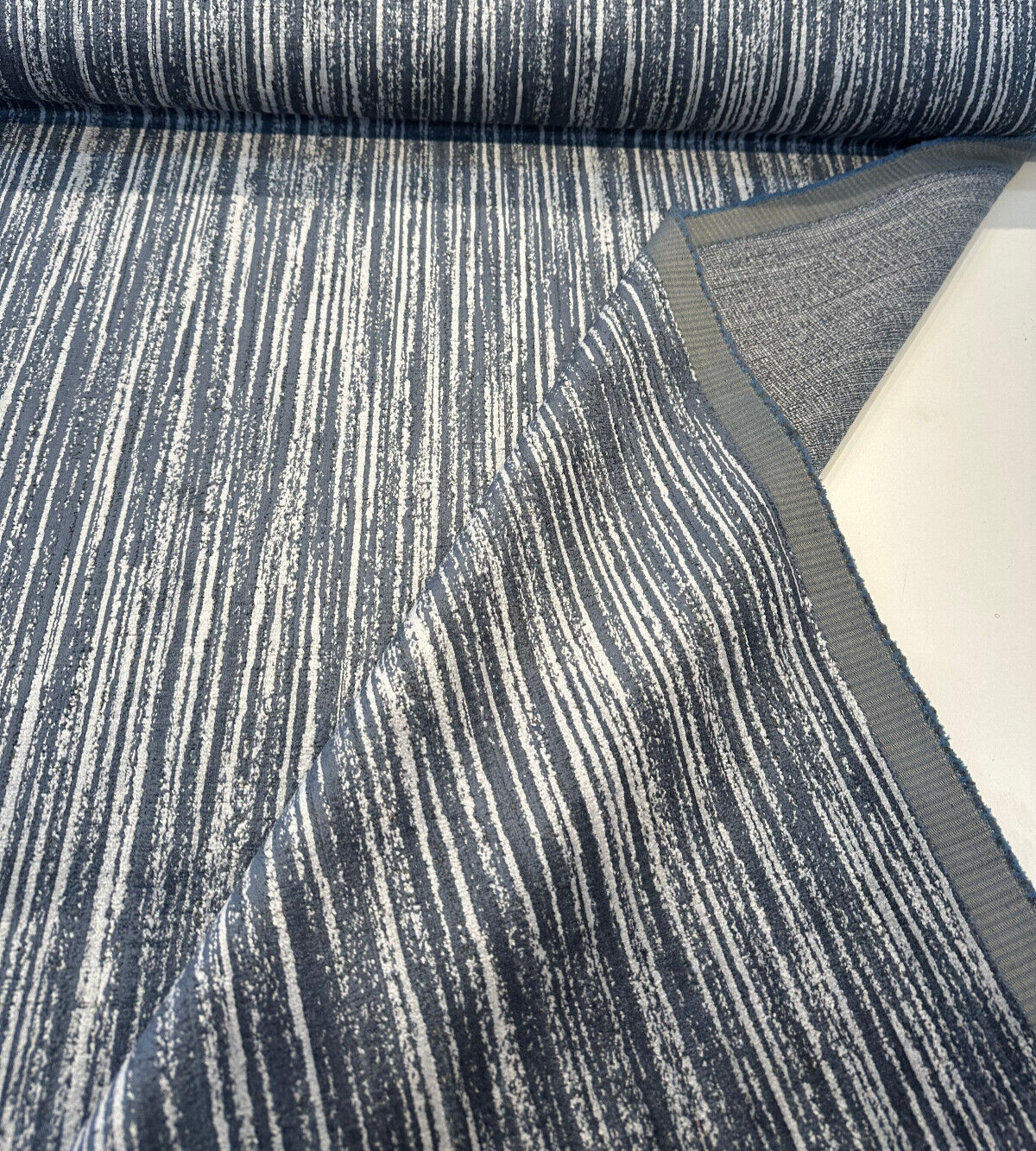 Velvety Strie Atlantic Blue P Kaufmann Upholstery Fabric - Atlantic Blue Velvet Stripe, 54" Width (By The Yard)