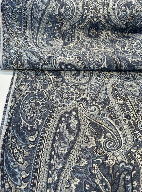 Truman Paisley Jacquard Fabric - Blue Indigo Paisley, Upholstery Drapery Fabric (1 Yard)