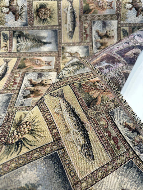 Yellowstone RR Golden Novelty Bear Tapestry Upholstery Fabric - Golden Multicolored Bear, Moose, Fish, Forest Novelty, Railroaded, 62% Cotton 38% Polyester (1 Yard)