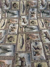 Yellowstone RR Golden Novelty Bear Tapestry Upholstery Fabric - Golden Multicolored Bear, Moose, Fish, Forest Novelty, Railroaded, 62% Cotton 38% Polyester (1 Yard)