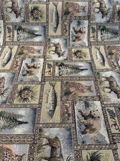 Yellowstone RR Golden Novelty Bear Tapestry Upholstery Fabric - Golden Multicolored Bear, Moose, Fish, Forest Novelty, Railroaded, 62% Cotton 38% Polyester (1 Yard)