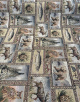 Yellowstone RR Golden Novelty Bear Tapestry Upholstery Fabric - Golden Multicolored Bear, Moose, Fish, Forest Novelty, Railroaded, 62% Cotton 38% Polyester (1 Yard)