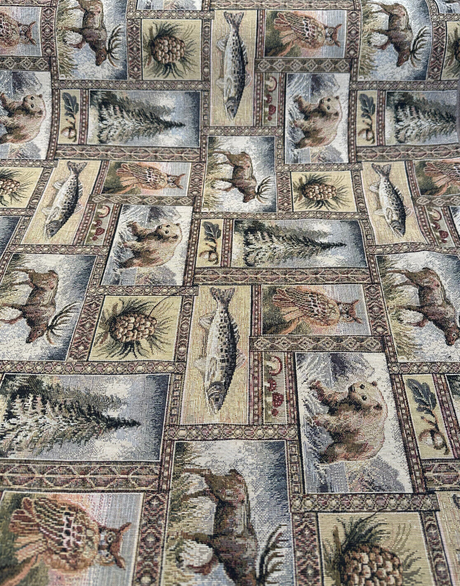 Yellowstone RR Golden Novelty Bear Tapestry Upholstery Fabric - Golden Multicolored Bear, Moose, Fish, Forest Novelty, Railroaded, 62% Cotton 38% Polyester (1 Yard)