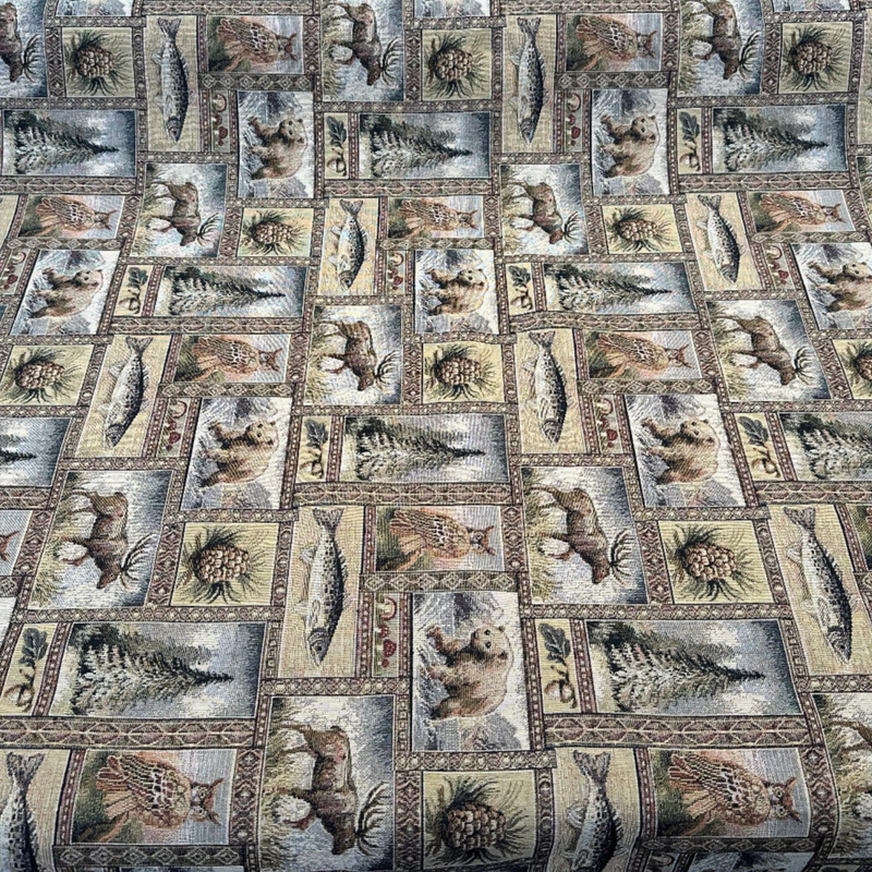 Yellowstone RR Golden Novelty Bear Tapestry Upholstery Fabric - Golden Multicolored Bear, Moose, Fish, Forest Novelty, Railroaded, 62% Cotton 38% Polyester (1 Yard)