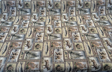 Yellowstone RR Golden Novelty Bear Tapestry Upholstery Fabric - Golden Multicolored Bear, Moose, Fish, Forest Novelty, Railroaded, 62% Cotton 38% Polyester (1 Yard)