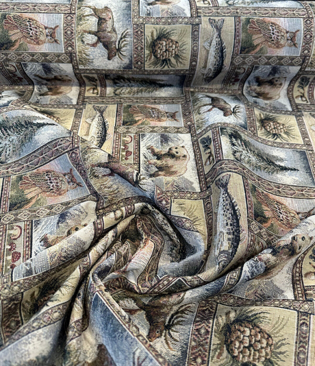 Yellowstone RR Golden Novelty Bear Tapestry Upholstery Fabric - Golden Multicolored Bear, Moose, Fish, Forest Novelty, Railroaded, 62% Cotton 38% Polyester (1 Yard)