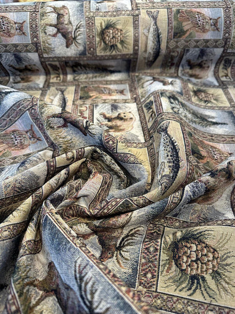 Yellowstone RR Golden Novelty Bear Tapestry Upholstery Fabric - Golden Multicolored Bear, Moose, Fish, Forest Novelty, Railroaded, 62% Cotton 38% Polyester (1 Yard)