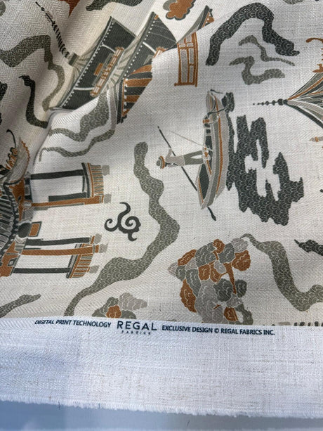 Kumano Toile Polyester Linen Fabric - Topaz Tan Asian Pagoda Print, 54" Width (1 Yard)