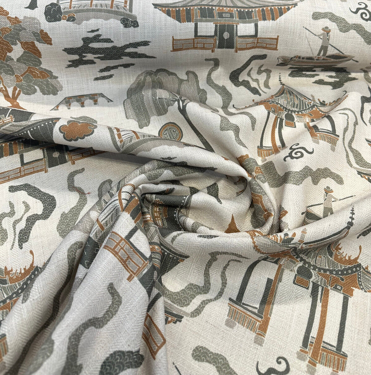 Kumano Toile Polyester Linen Fabric - Topaz Tan Asian Pagoda Print, 54" Width (1 Yard)