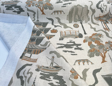 Kumano Toile Polyester Linen Fabric - Topaz Tan Asian Pagoda Print, 54" Width (1 Yard)