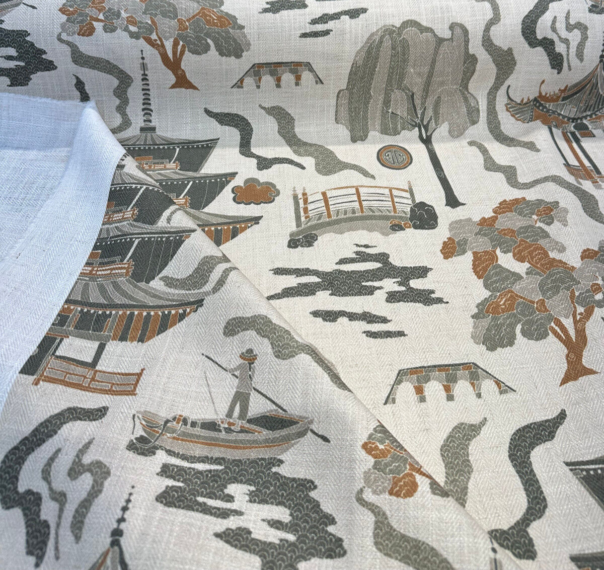 Kumano Toile Polyester Linen Fabric - Topaz Tan Asian Pagoda Print, 54" Width (1 Yard)