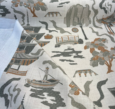 Kumano Toile Polyester Linen Fabric - Topaz Tan Asian Pagoda Print, 54" Width (1 Yard)