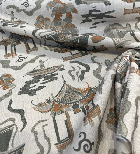 Kumano Toile Polyester Linen Fabric - Topaz Tan Asian Pagoda Print, 54" Width (1 Yard)