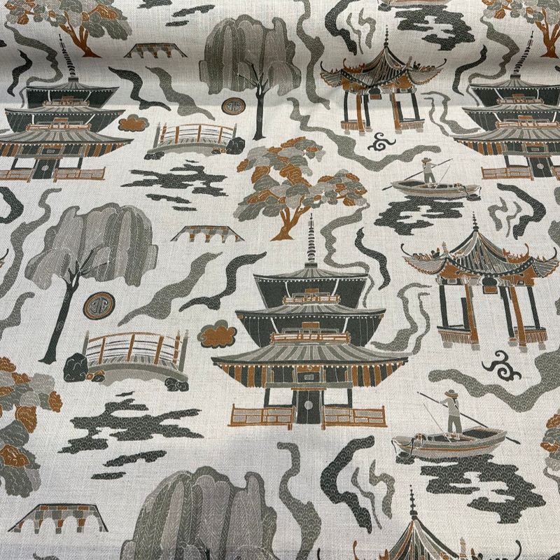 Kumano Toile Polyester Linen Fabric - Topaz Tan Asian Pagoda Print, 54" Width (1 Yard)
