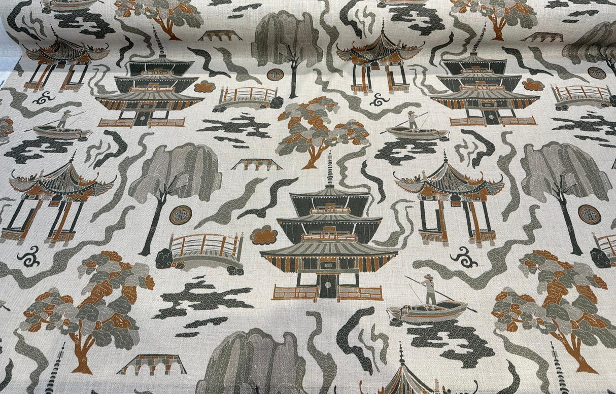 Kumano Toile Polyester Linen Fabric - Topaz Tan Asian Pagoda Print, 54" Width (1 Yard)
