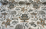 Kumano Toile Polyester Linen Fabric - Topaz Tan Asian Pagoda Print, 54" Width (1 Yard)