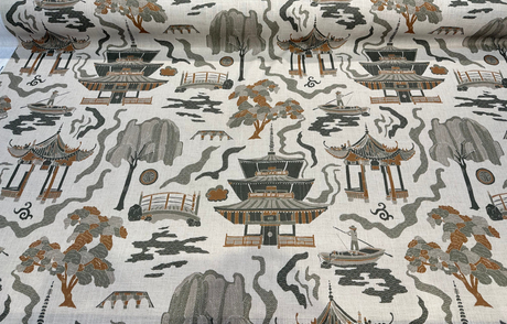 Kumano Toile Polyester Linen Fabric - Topaz Tan Asian Pagoda Print, 54" Width (1 Yard)