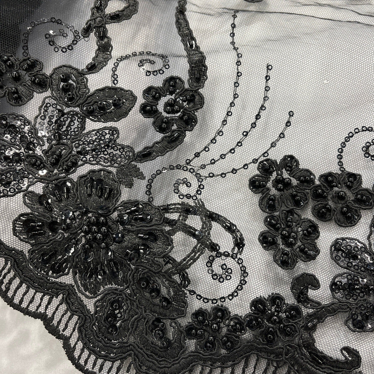Beaded Corded Lace Navy Mesh