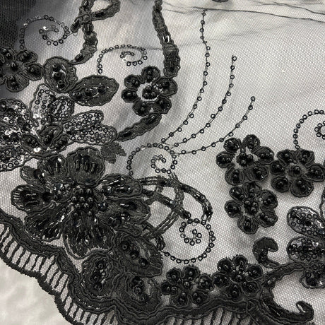 Beaded Corded Lace Fabric on Polyester Net Mesh