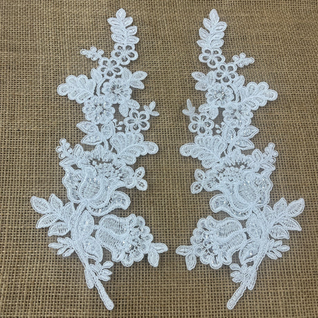 Beaded Corded Floral Lace Applique 100 Percent Polyester Fabric - Embroidered Net Mesh, 12" X 3.5" Each Side (1 Pair)