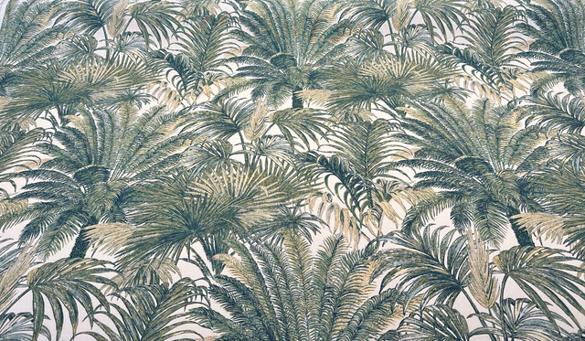 Tommy Bahama Monteverde Green Verde Cotton Fabric - Tropical Leaf Stripe, Off White Background, 54" Width, 13.5" Horizontal Repeat, 27" Vertical Repeat (1 Yard)