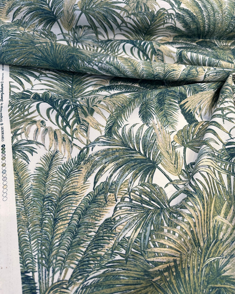 Tommy Bahama Monteverde Green Verde Cotton Fabric - Tropical Leaf Stripe, Off White Background, 54" Width, 13.5" Horizontal Repeat, 27" Vertical Repeat (1 Yard)