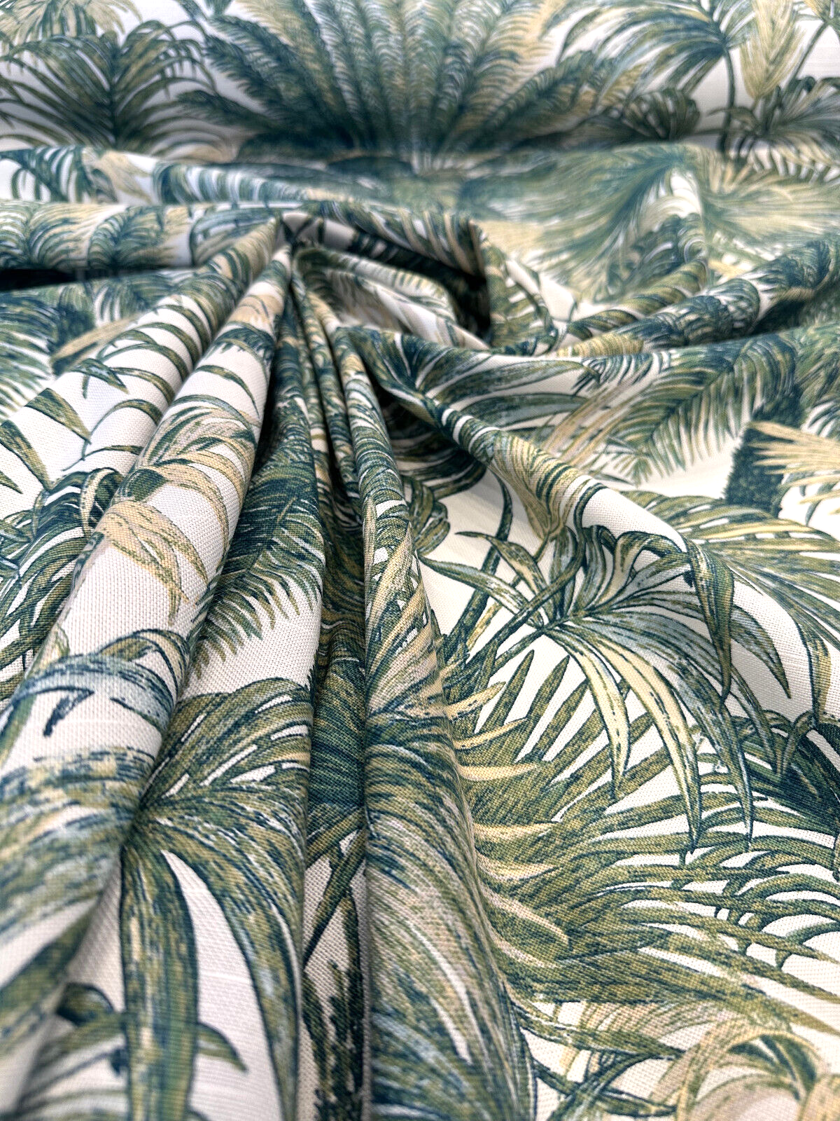 Tommy Bahama Monteverde Green Verde Cotton Fabric - Tropical Leaf Stripe, Off White Background, 54" Width, 13.5" Horizontal Repeat, 27" Vertical Repeat (1 Yard)