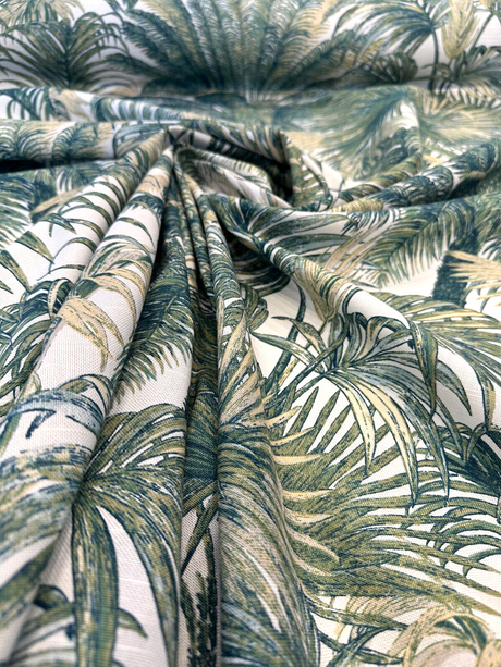 Tommy Bahama Monteverde Green Verde Cotton Fabric - Tropical Leaf Stripe, Off White Background, 54" Width, 13.5" Horizontal Repeat, 27" Vertical Repeat (1 Yard)