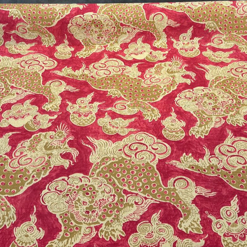 Dunmore Dragons Linen Fabric - Red Cinnabar, Gold And Light Gold, 54" Width (1 Yard)