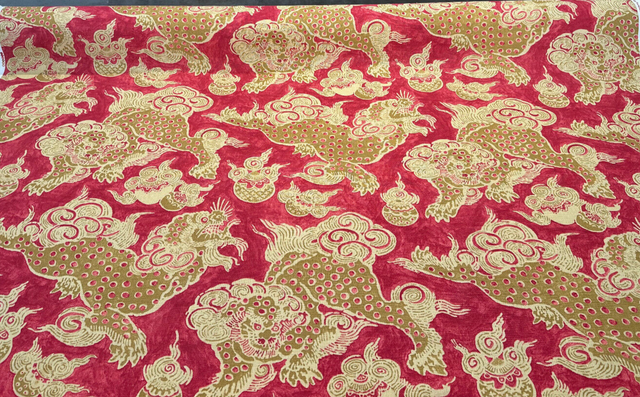 Dunmore Dragons Linen Fabric - Red Cinnabar, Gold And Light Gold, 54" Width (1 Yard)