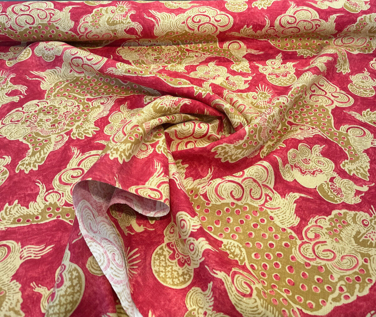 Dunmore Dragons Linen Fabric - Red Cinnabar, Gold And Light Gold, 54" Width (1 Yard)