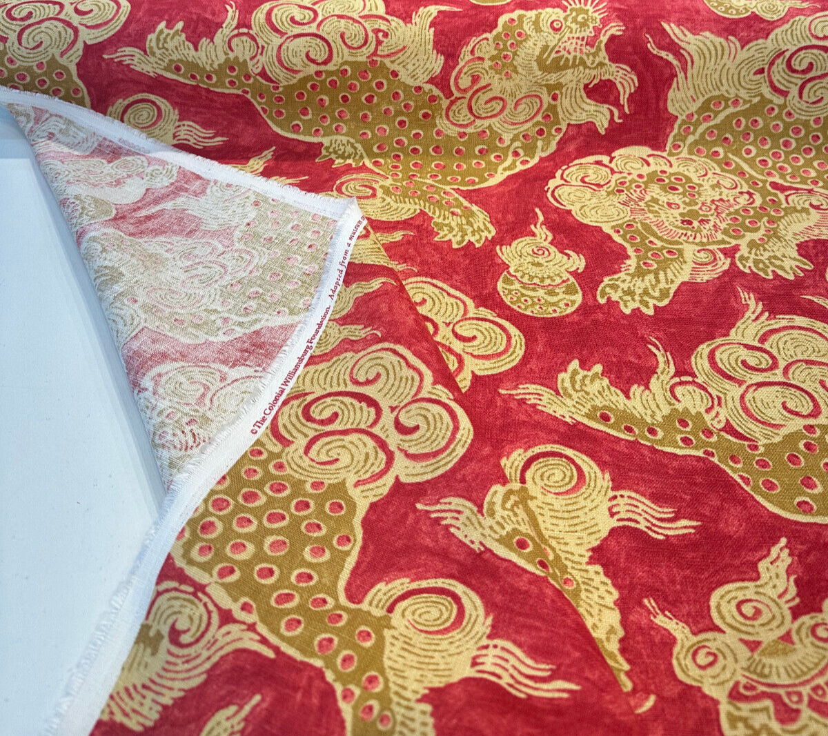 Dunmore Dragons Linen Fabric - Red Cinnabar, Gold And Light Gold, 54" Width (1 Yard)