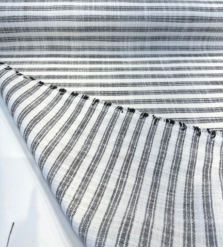 Ashton Ticking Domino Performance Upholstery Fabric - Domino White Background Black Ticking Stripes, 57" Width (1 Yard)