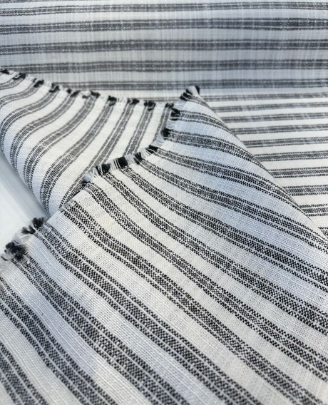 Ashton Ticking Domino Performance Upholstery Fabric - Domino White Background Black Ticking Stripes, 57" Width (1 Yard)
