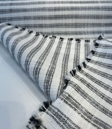 Ashton Ticking Domino Performance Upholstery Fabric - Domino White Background Black Ticking Stripes, 57" Width (1 Yard)