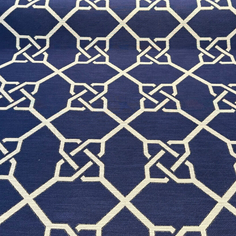Bridle Navy Blue Geometric Jacquard Upholstery Fabric - Navy With Beige Design, 56" Width, 14" Repeat (1 Yard)