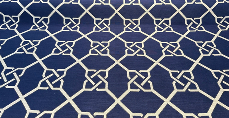 Bridle Navy Blue Geometric Jacquard Upholstery Fabric - Navy With Beige Design, 56" Width, 14" Repeat (1 Yard)