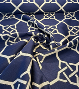 Bridle Navy Blue Geometric Jacquard Upholstery Fabric - Navy With Beige Design, 56" Width, 14" Repeat (1 Yard)