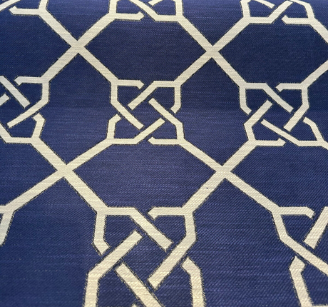 Bridle Navy Blue Geometric Jacquard Upholstery Fabric - Navy With Beige Design, 56" Width, 14" Repeat (1 Yard)